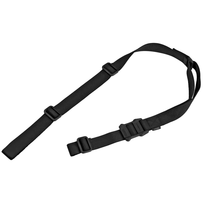 Magpul MS1 Sling in black showing full two-point sling with adjustable buckles, nylon webbing, and connection points