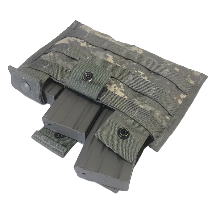 US Military MOLLE II Triple Magazine Pouch in ACU Digital camouflage with three AR-15 magazines loaded showing snap closure flaps and open top shingle design