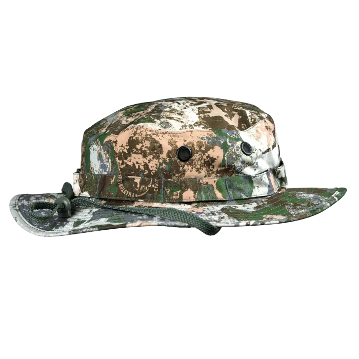 Phantomleaf WASP Z1B Wet Weather Boonie Hat in Phantomleaf WASP Z1B camouflage showing wide brim, crown, chin strap with cord lock, and ventilation eyelets