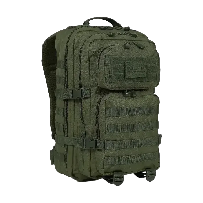 Mil-Tec Olive Drab Ranger Assault Pack 36L front view showing MOLLE webbing, compression straps, dual zipper compartments, and carry handle