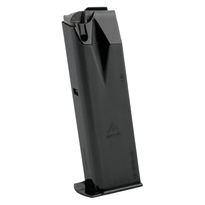Ruger P85/P89 15-round magazine in black right side showing steel body, Mec-Gar logo, feed lips, and flush fit floor plate