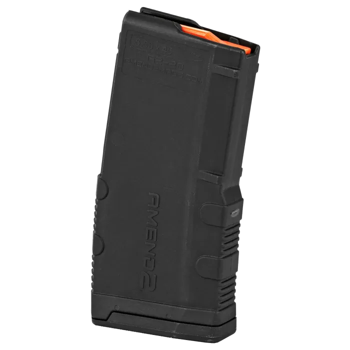 Amend2 AR-15 Mod2 20-round magazine in black with anti-tilt orange follower, ribbed polymer body