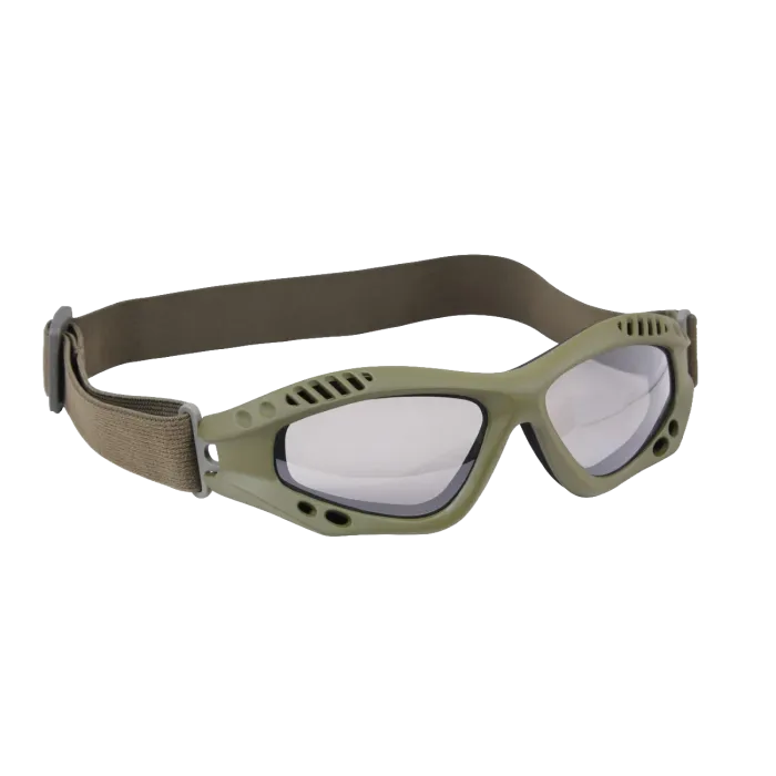 VenTec tactical goggles olive drab front angle with clear lens, vented OD green frame and adjustable elastic strap