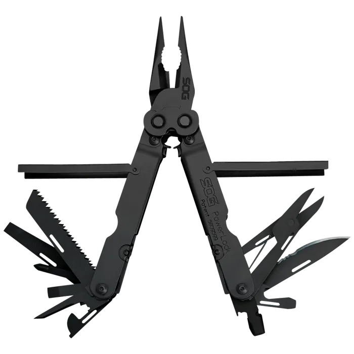 SOG PowerLock multi-tool fully open showing pliers, blades, saw, files and screwdrivers fanned out