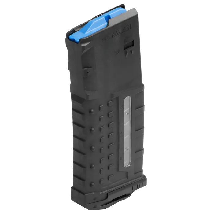 UTG AR-308 25-round polymer magazine side view with textured grip surface, blue follower and witness window