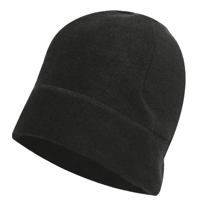 black microfleece watch cap, side profile view showing snug-fit fleece beanie with horizontal seam detail