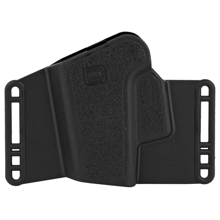 Glock HO17043 Sport Combat OWB holster, black polymer belt slide with logo and dual belt slots, front view