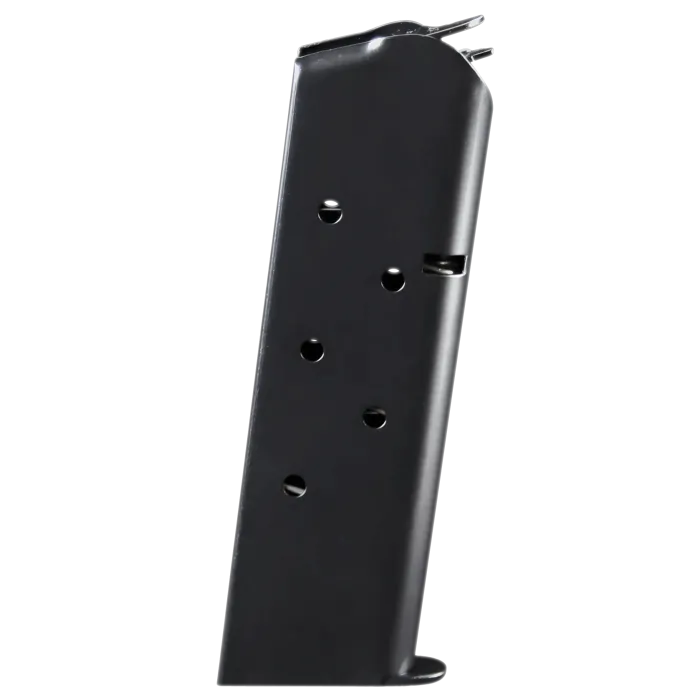 Check-Mate 1911 7-round .45 ACP magazine, black steel body with witness holes and flat floor plate, side view