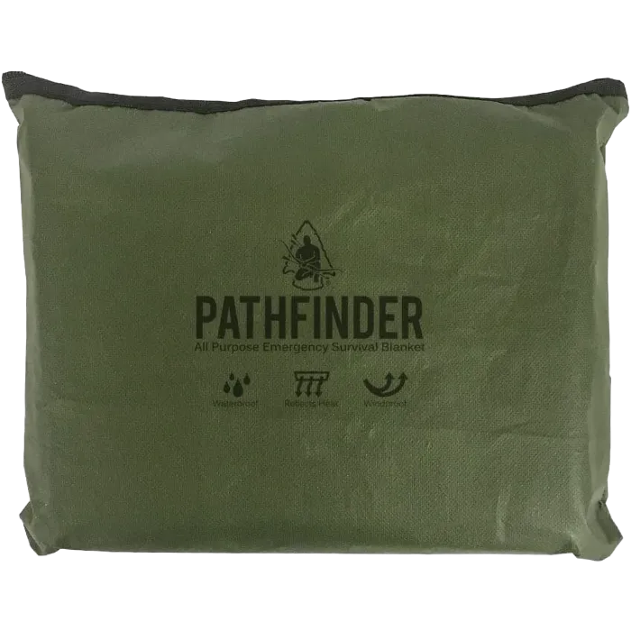Pathfinder All Purpose Emergency Survival Blanket in olive green packaging pouch with logo and feature icons