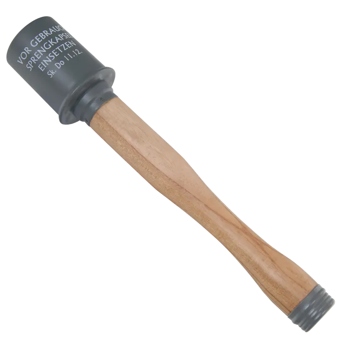 German potato masher grenade replica, wooden handle with gray metal head and German text, inert display, upright view