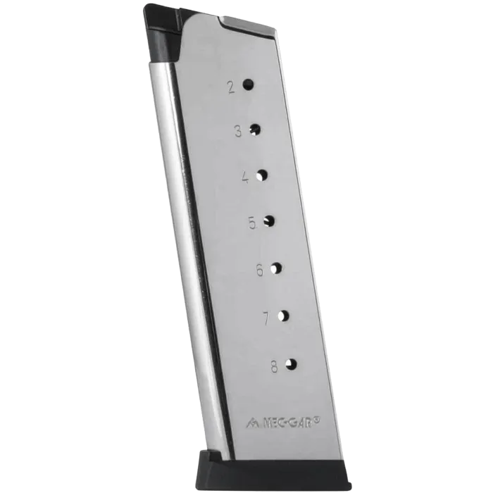 Front view of Mec-Gar Colt 1911 nickel magazine showing 'MEC-GAR' logo and capacity holes 2-8.