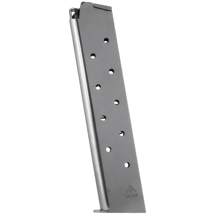 Mec-Gar 1911 full size 11-round nickel magazine side view showing '9mm' marking and Mec-Gar logo.