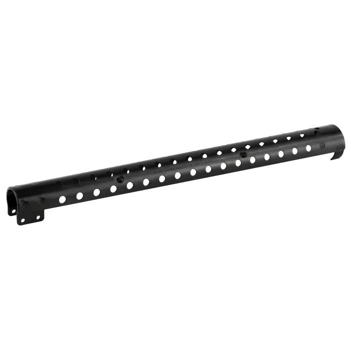 Bottom angled view of Mossberg 500/590 heat shield showing ventilation pattern and rear mounting tab.