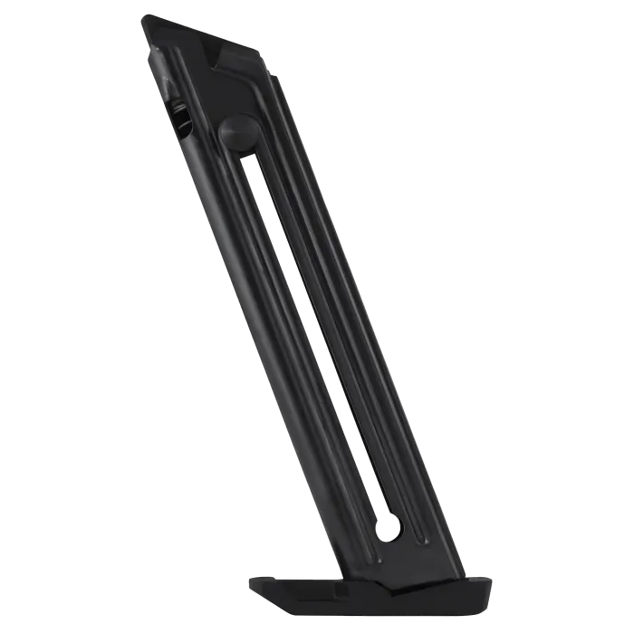 Mec-Gar Ruger Mark III 22/45 10-round .22 LR black magazine, right side view with follower button and base pad