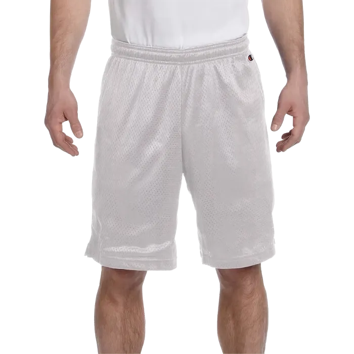 Champion Polyester Mesh 9 Inch Shorts Athletic Grey front view on model with elastic waistband.
