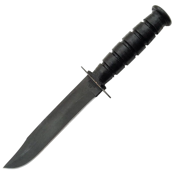 USMC Combat Fighting Knife with black clip-point blade and textured stacked leather handle isolated.