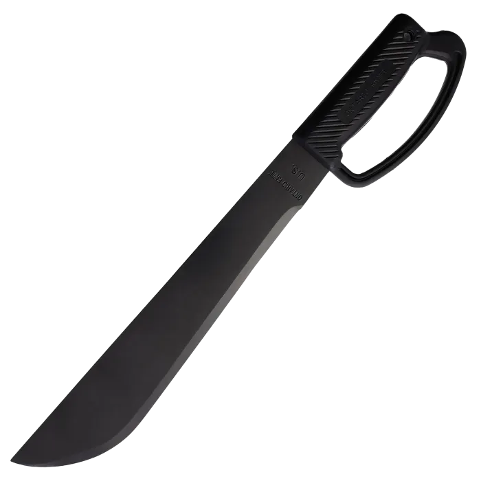 OKC Camper Machete with black D-guard handle and coated tactical blade shown in full angled view.