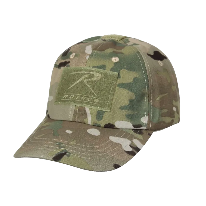 Rothco Tactical Operator Cap in Multicam front view with hook-and-loop patch panel and curved brim.
