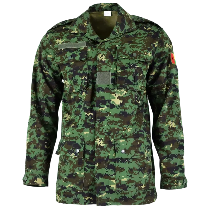 Front view of West African Guinea-Bissau Army Combat Jacket in jungle digital camouflage showing four pockets and tactical design