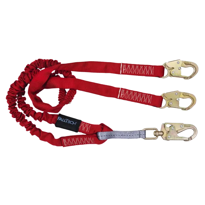 FallTech 8247Y 6' Ironman twin-leg shock lanyard in red with gold snap hooks shown flat.