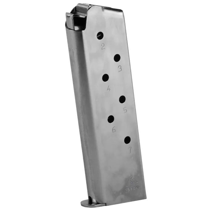 Mec-Gar Colt 1911 Nickel 7-Round Magazine full view showing Mec-Gar logo, numbered witness holes 2-7, and bright nickel finish.