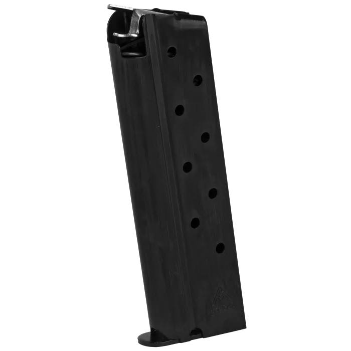 Black Mec-Gar 1911 Full Size 10mm 8-round magazine right side view showing witness holes and blued steel construction