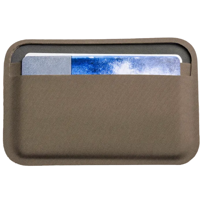Magpul Daka Essential Wallet Flat Dark Earth with credit card inserted in slim polymer pocket