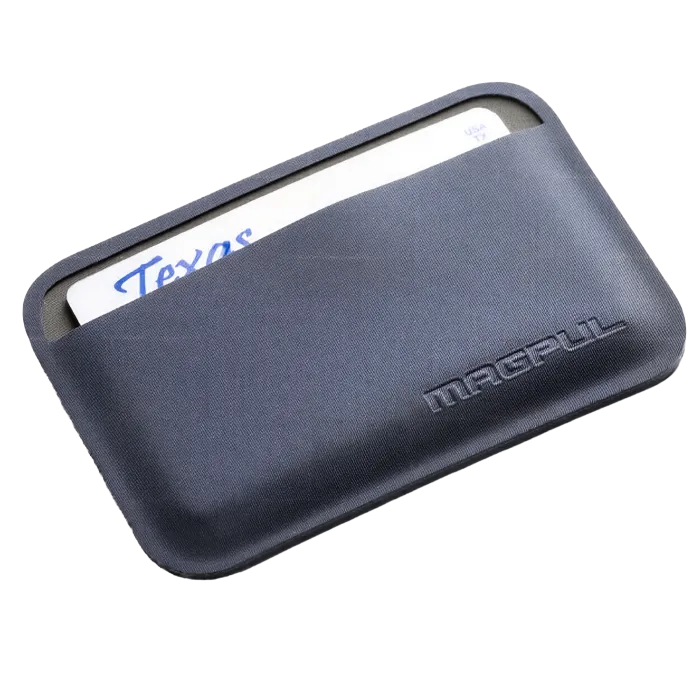 Grey Magpul DAKA Essential Wallet angled view with Texas ID card inserted