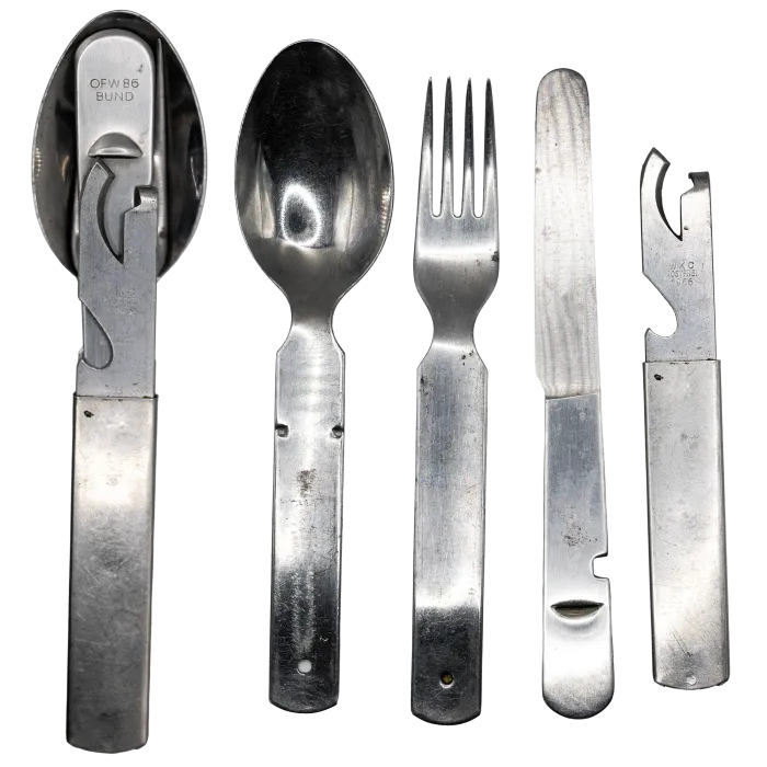 German four-piece utensil set shown nested and disassembled with spoon, fork, knife and can opener, steel