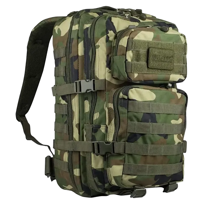Mil-Tec 3-Day woodland camo assault backpack angled view with MOLLE webbing, embroidered Mil-Tec patch and shoulder strap