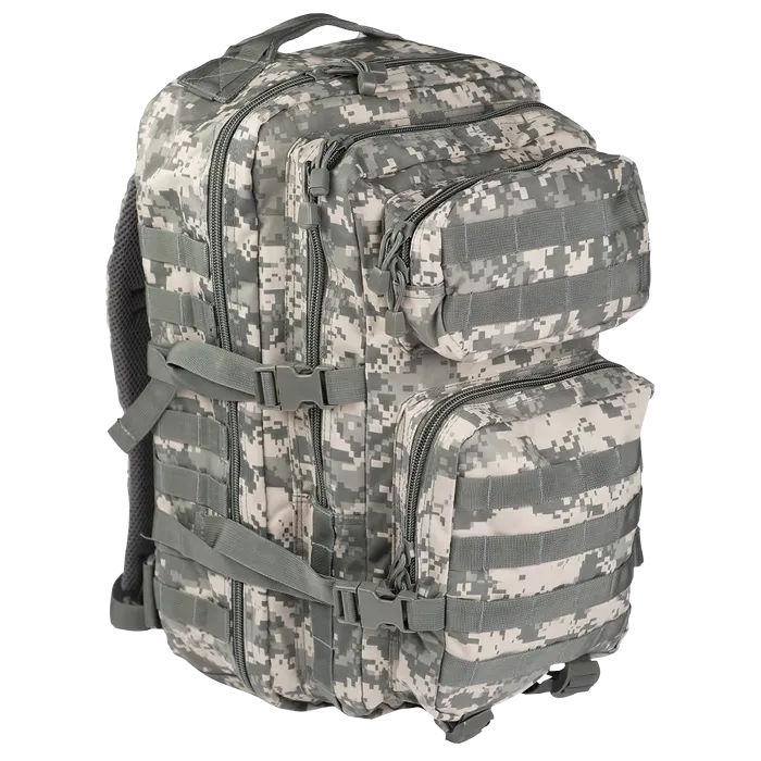Mil-Tec 3-Day AT Digital Camo Assault Pack three-quarter view showing side MOLLE webbing, buckles and mesh back panel