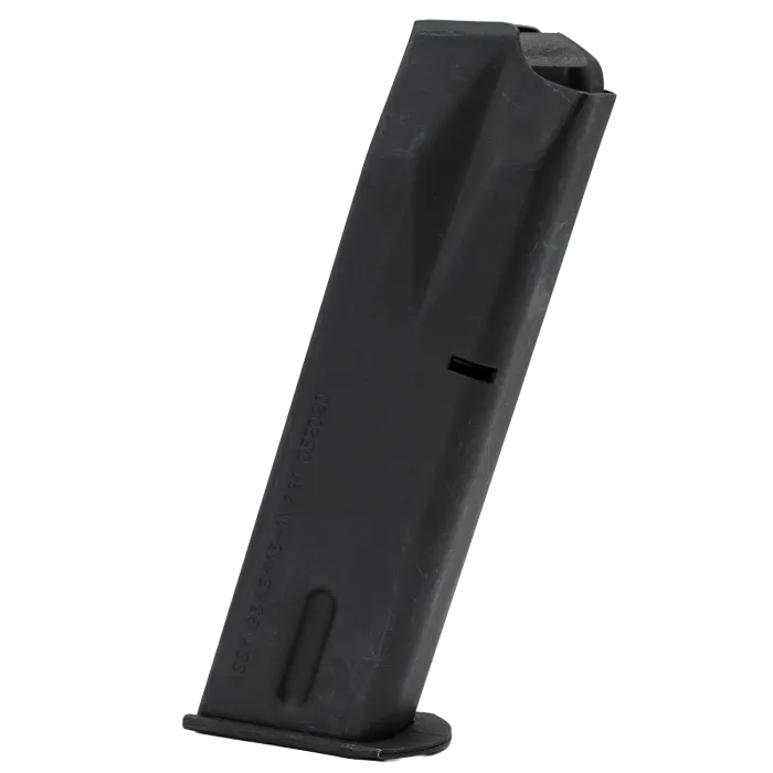 Check-Mate USGI Beretta M9 92FS 15-round magazine with black metal body and baseplate, angled view
