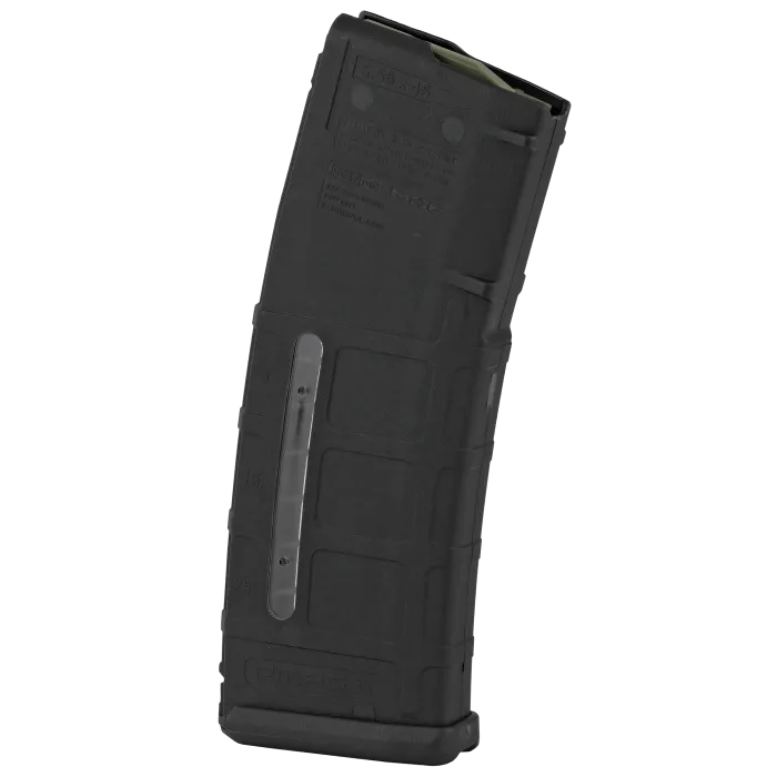 Magpul PMAG 30 magazine rear view with 5.56x45 caliber markings, textured body, and round window