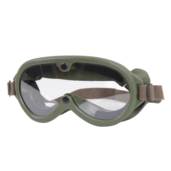 GI Type Sun Wind Dust Goggles angled view showing OD green frame, clear lens, black vents and olive strap with black slider buckle