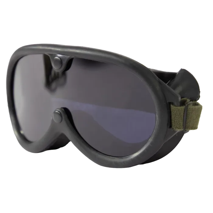 Rothco black GI Type Sun Wind Dust Goggles with dark tinted single lens and olive green elastic strap, angled view