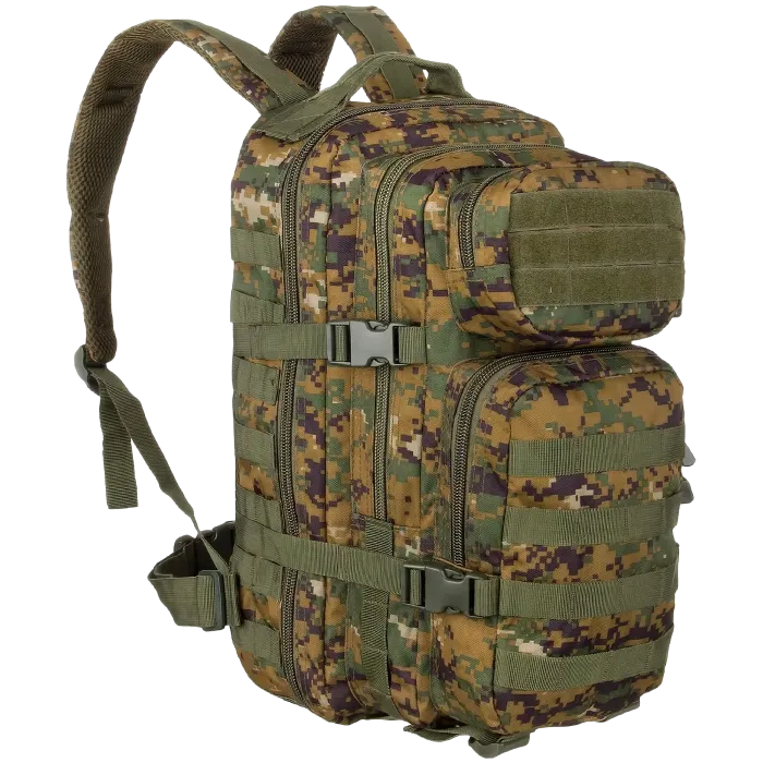 Mil-Tec Woodland Digital Camo 20L assault pack with MOLLE webbing, buckle straps, and top grab handle, front angle