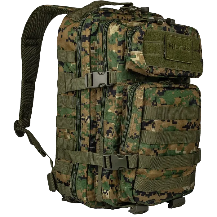 Mil-Tec Woodland Digital Camo 36L assault pack, three-quarter view with MOLLE webbing, buckles and dual front pockets