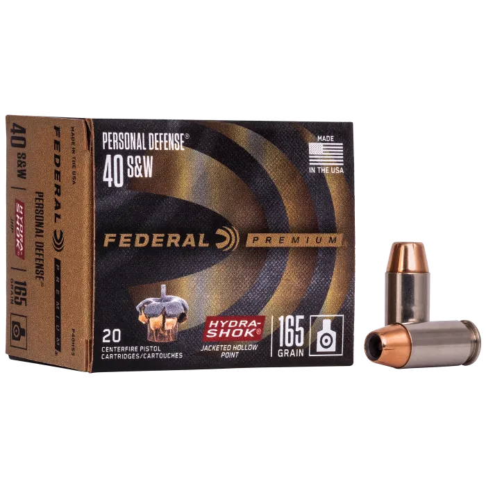 Federal Premium 40 S&W Hydra-Shok 165 grain jacketed hollow point ammo, 20-round box with two cartridges, made in USA