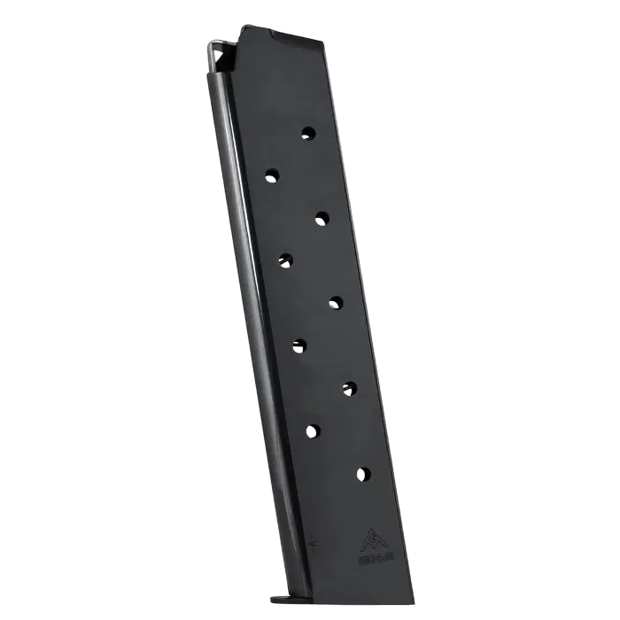 Mec-Gar 1911 full size 11-round blued magazine with witness holes, Mec-Gar logo, glossy black finish
