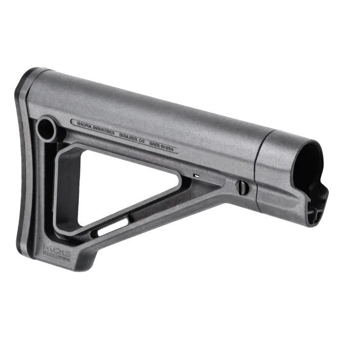 Magpul MOE Fixed Carbine Stock in gray, angled three-quarter view with molded Magpul Industries Boulder CO Made in USA markings