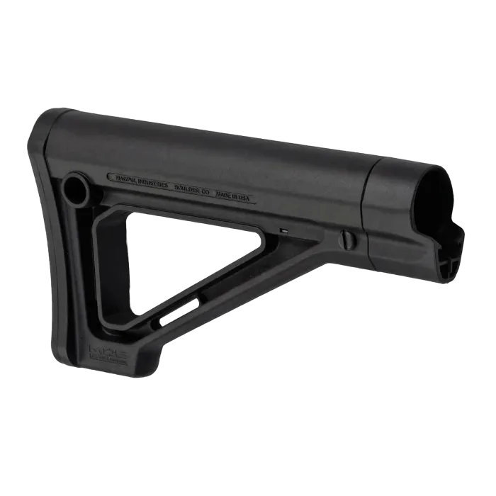 Magpul MOE Fixed Carbine Stock in black, angled side view showing the open triangle frame and molded markings