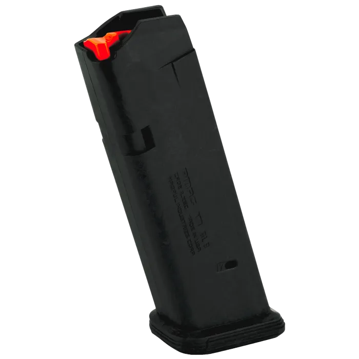 Magpul PMAG GL9 17 round 9mm magazine for Glock 17 19 26 34 45 in black polymer with orange high visibility follower, Magpul branding, witness hole, and floor plate