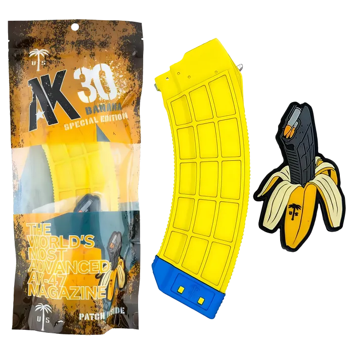 US Palm AK30 Banana Magazine Special Edition in yellow 7.62x39 30 round with retail packaging, banana patch, and AK30 Banana branding