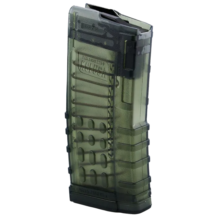 KCI AR-15 Magazine 21 round in 5.56 NATO with translucent smoke polymer body, visible internal spring and follower, ribbed texture, and numbered round count markings