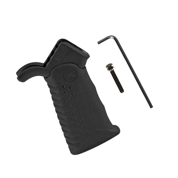 Battle Arms Development Adjustable Tactical Grip in black with included mounting screw, Allen wrench, Battle Arms logo, and textured ergonomic grip