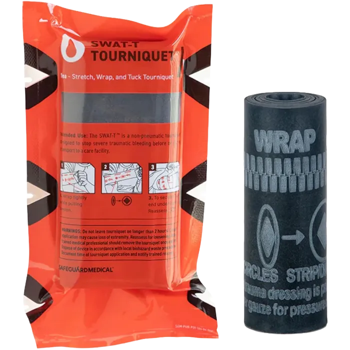 SWAT-T Tourniquet in black with orange retail packaging showing rolled tourniquet, Stretch Wrap and Tuck instructions printed on band, and SWAT-T branding