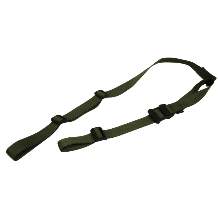 Magpul MS1 Sling in Ranger Green showing full two-point sling with adjustable buckles, nylon webbing, and connection points