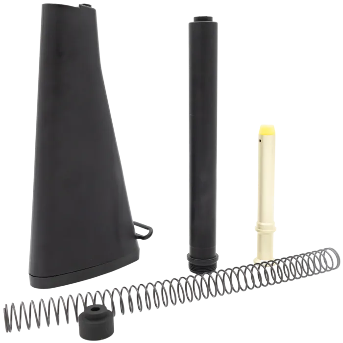 UTG AR15 Complete A2 Fixed Stock Assembly in black showing all components including A2 buttstock, rifle length buffer tube, rifle buffer, rifle buffer spring, and spacer