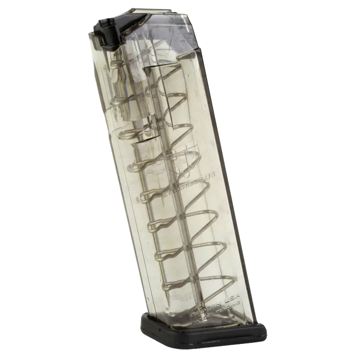 ETS Glock 17 10-round magazine right side showing translucent clear polymer body with visible spring and follower, black feed lips, and black floor plate