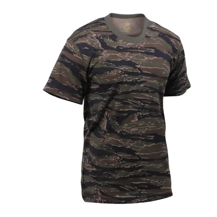 Tiger stripe camo crew neck t-shirt front product shot showing green, brown, and black stripe pattern
